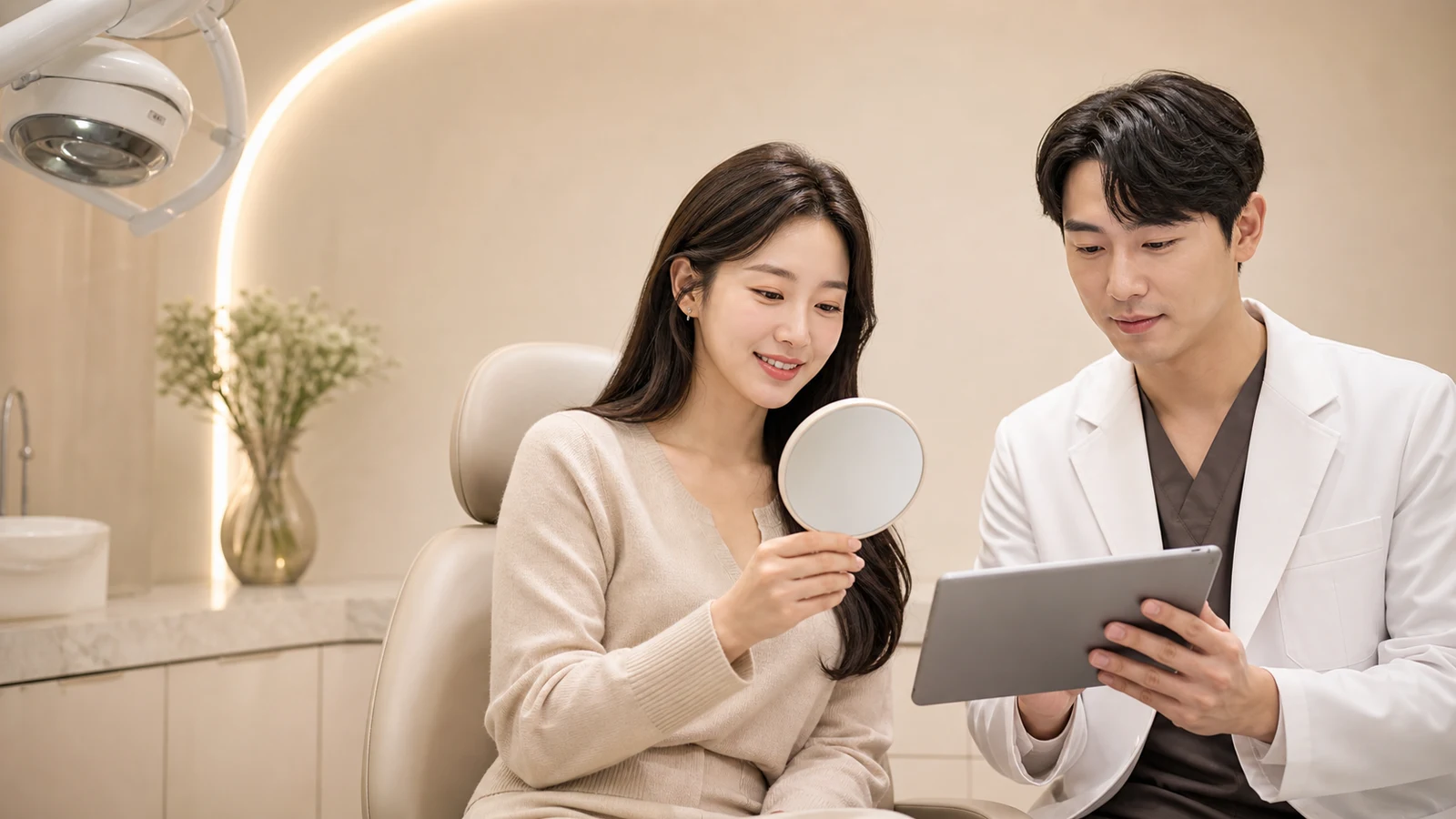 강남 라미네이트 상담에서 거울과 태블릿으로 미소 디자인을 확인하는 환자와 치과의사