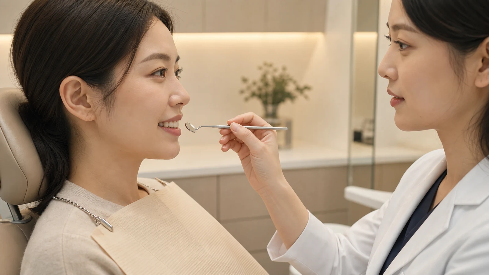 치과의사가 환자의 앞니 배열과 교합을 살피며 라미네이트 적합도를 확인하는 장면